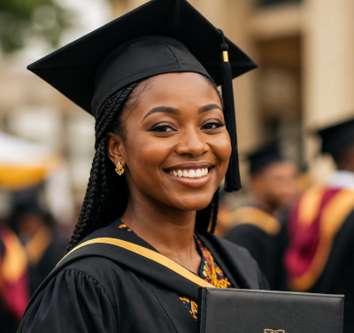 Smiling graduate posing outdoors.